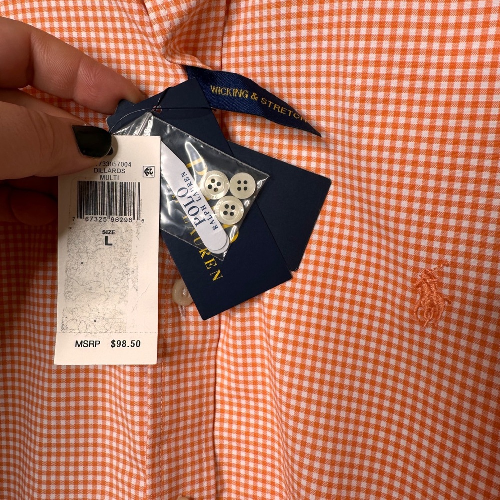 Polo Ralph Lauren Mens Performance Gingham Button Down Shirt Orange Large NEW - Picture 5 of 9